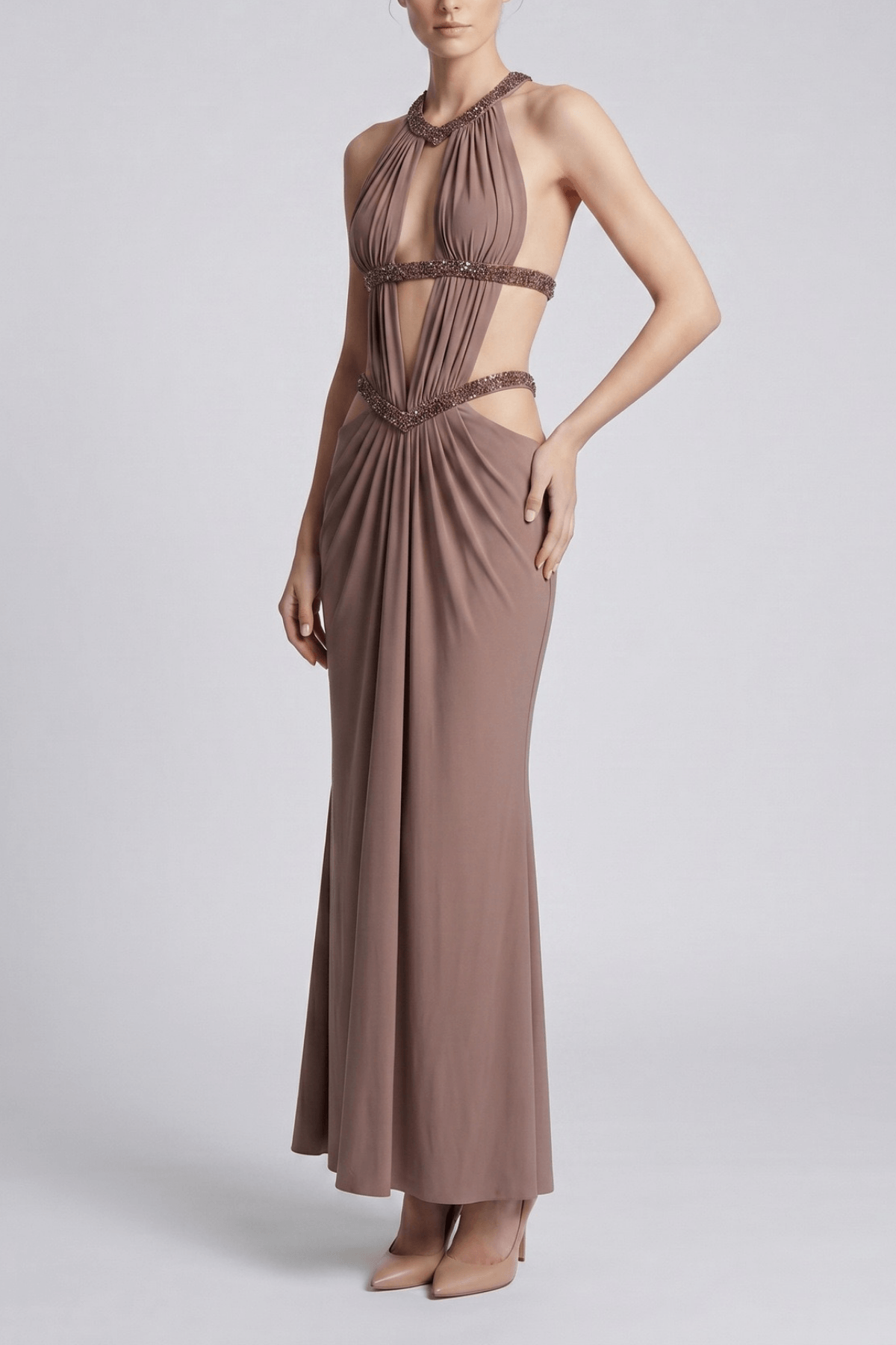 Doris Halter Cutout Beaded Evening Dress Avalabel