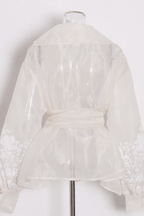 Bella White Floral Wrap Belted Bishop Sleeve Blouse Avalabel