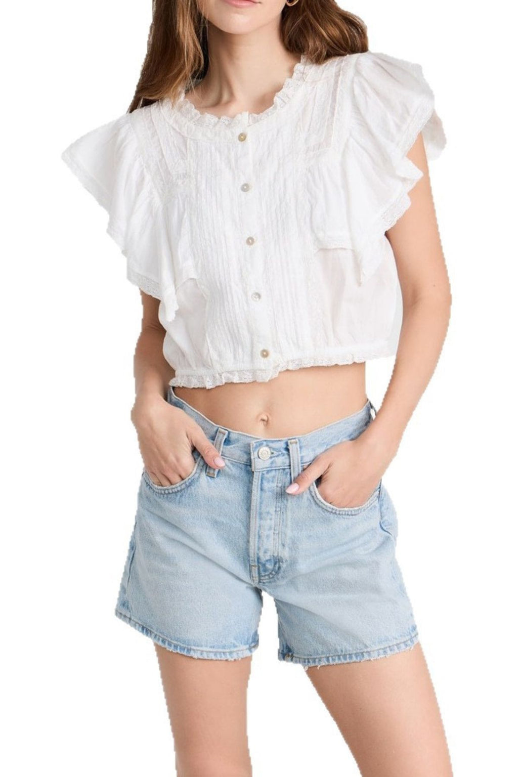 Hazel Lace Trim Pintuck Short Sleeve Crop Shirt Avalabel