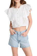 Hazel Lace Trim Pintuck Short Sleeve Crop Shirt Avalabel