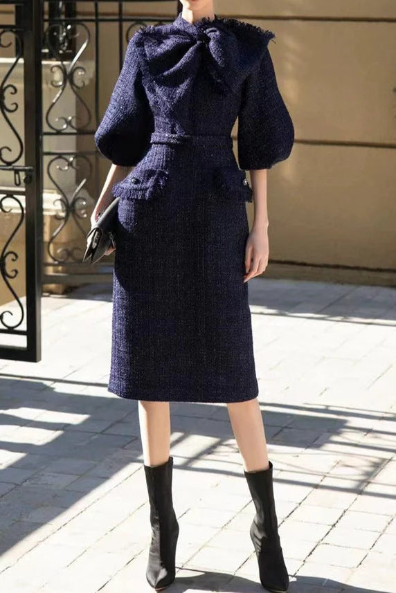 mildred Tweed bow collar midi dress in dark blue Avalabel