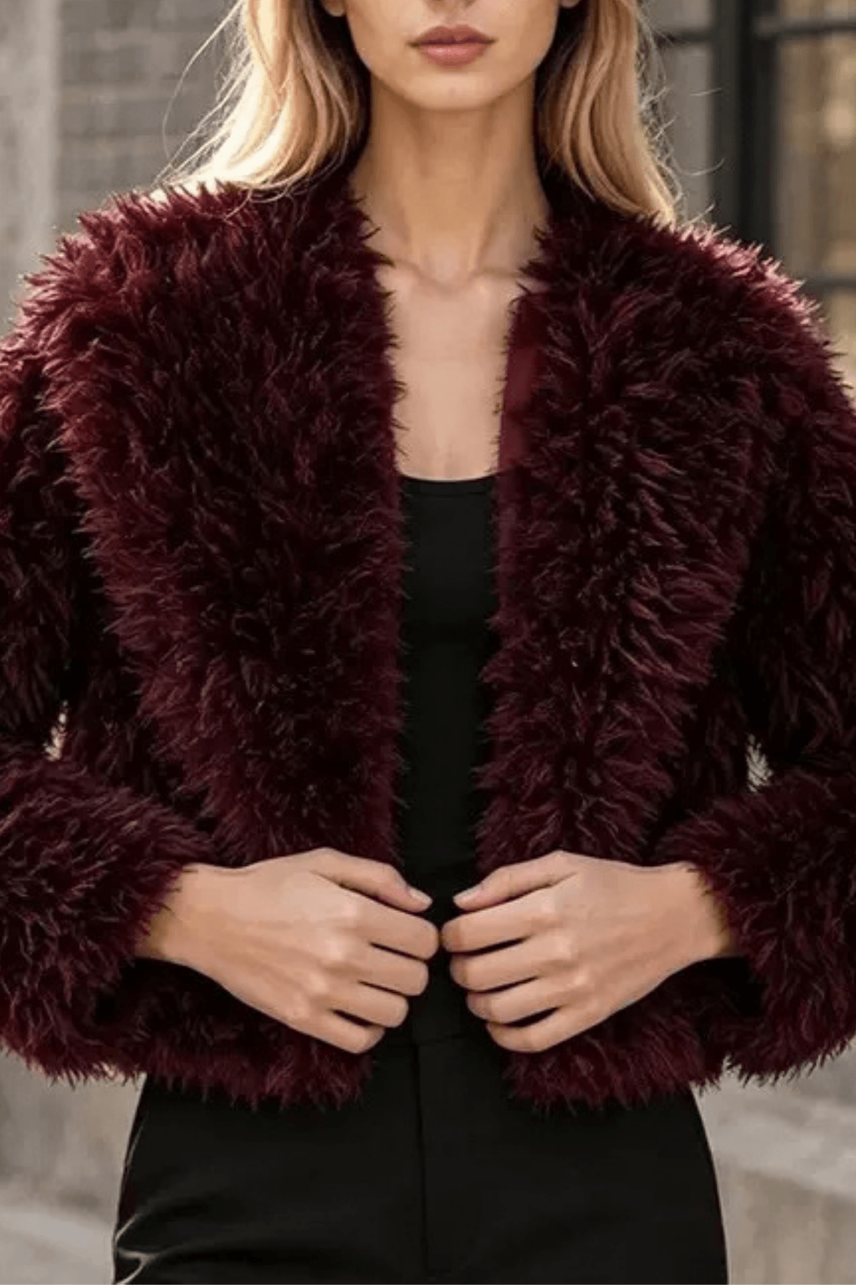 Denni Burgundy Faux Fur Cropped Jacket Avalabel