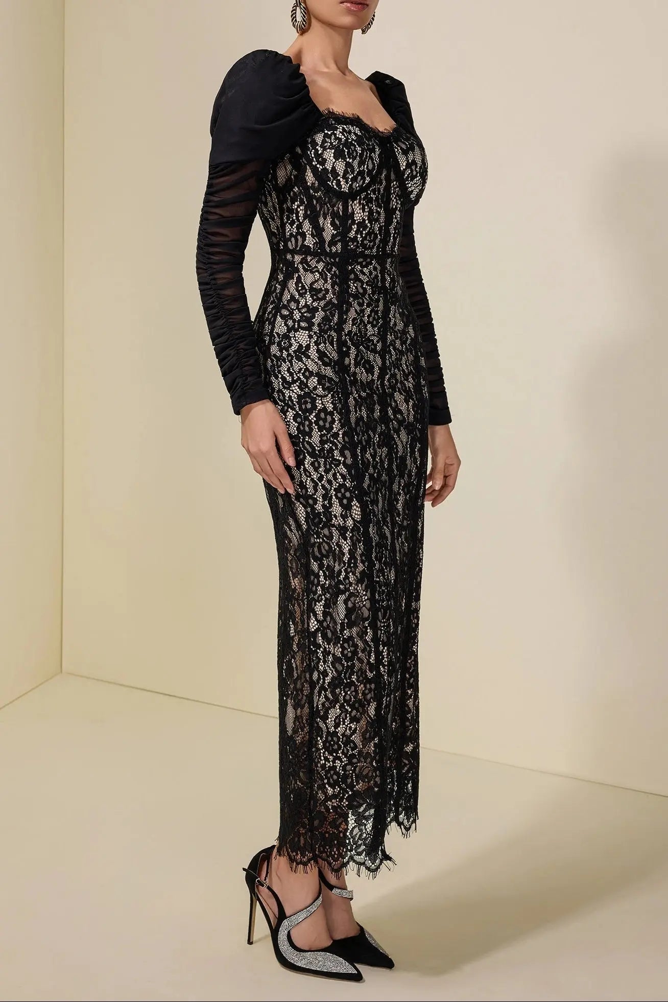 wendy Lace Splicing Mesh Puff Sleeve Midi Dress in black Avalabel