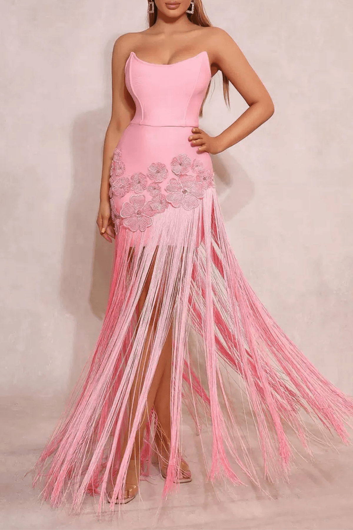 Sheila Pink Strapless 3D Floral Fringe Dress Avalabel