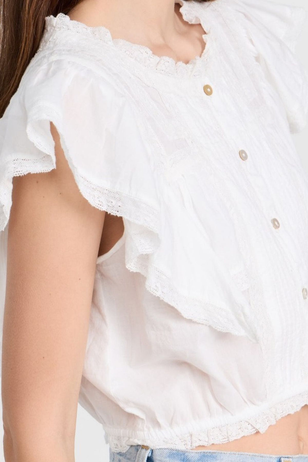 Hazel Lace Trim Pintuck Short Sleeve Crop Shirt Avalabel