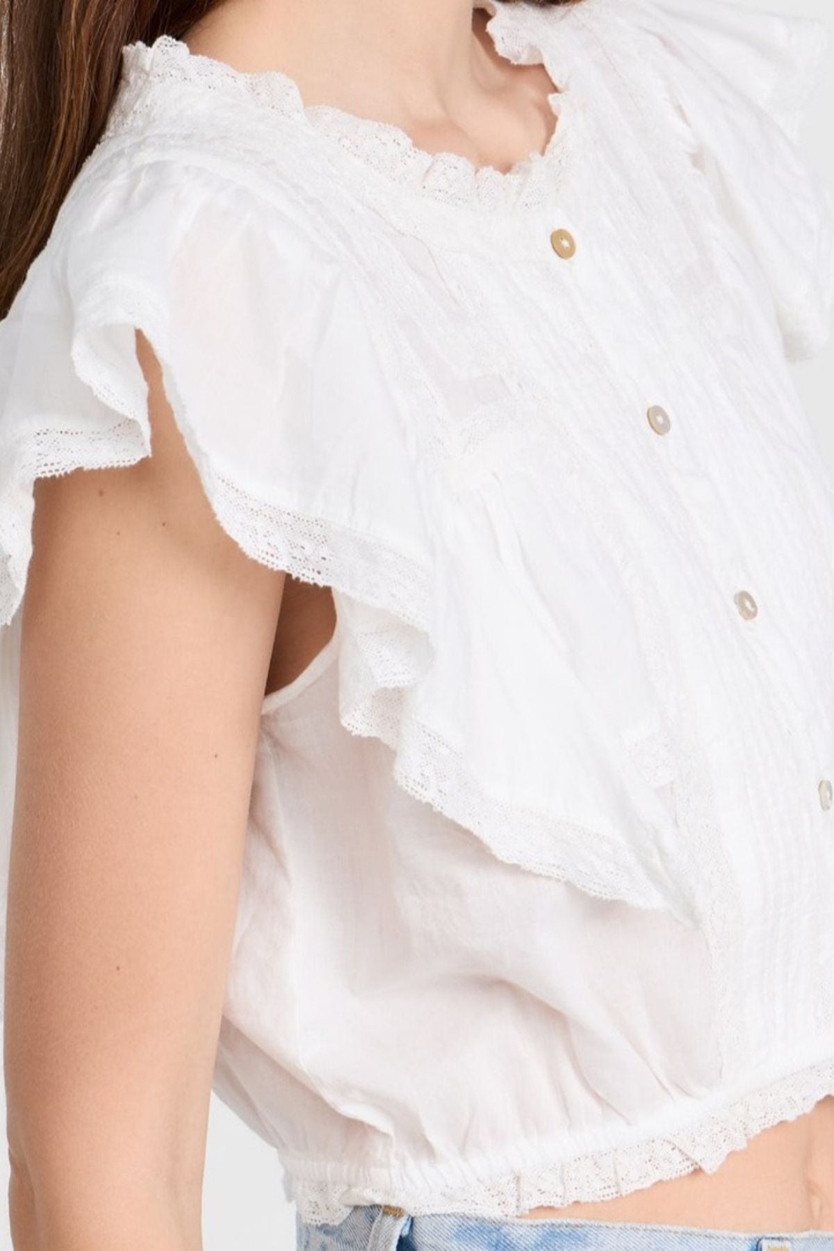 Hazel Lace Trim Pintuck Short Sleeve Crop Shirt Avalabel