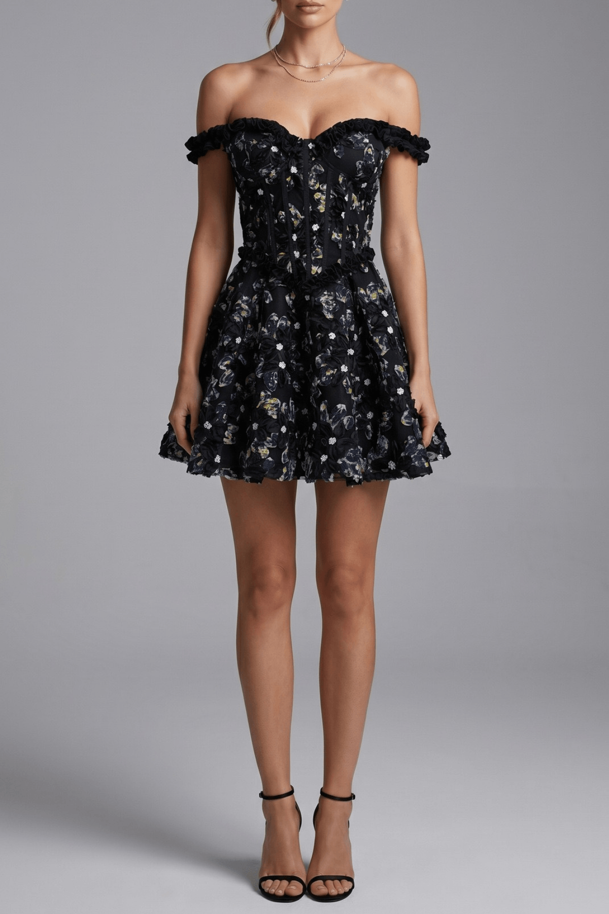 Kara Black Floral Off Shoulder Mini Dress Avalabel