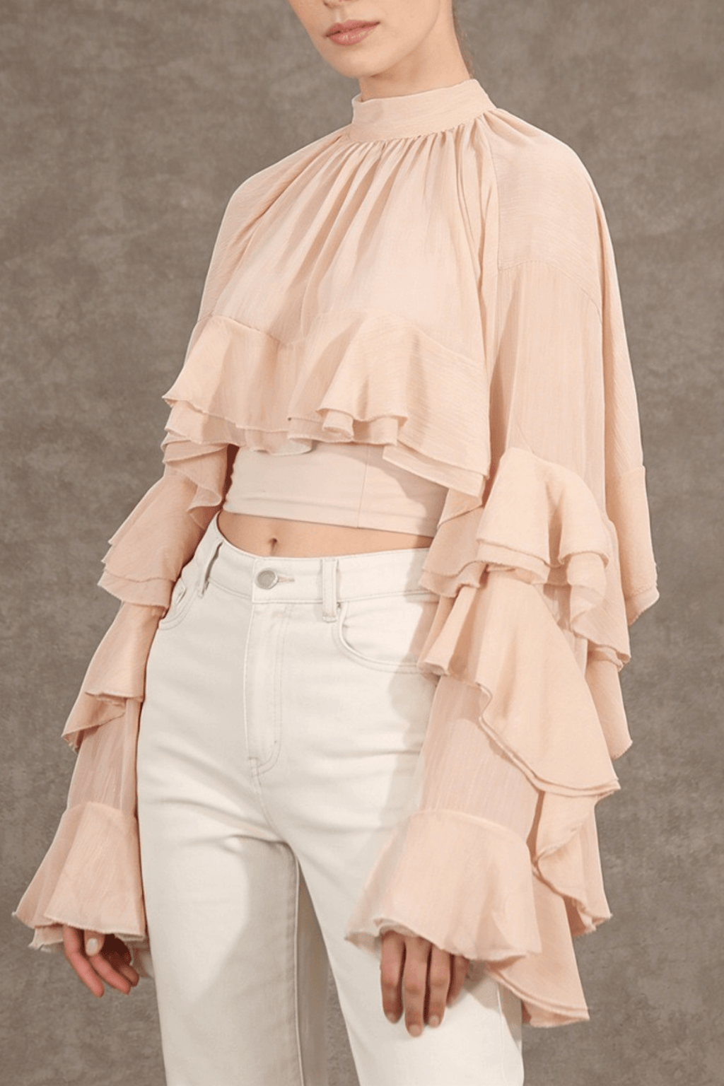 Beryl Pink High Neck Tiered Ruffle Crop Blouse Avalabel