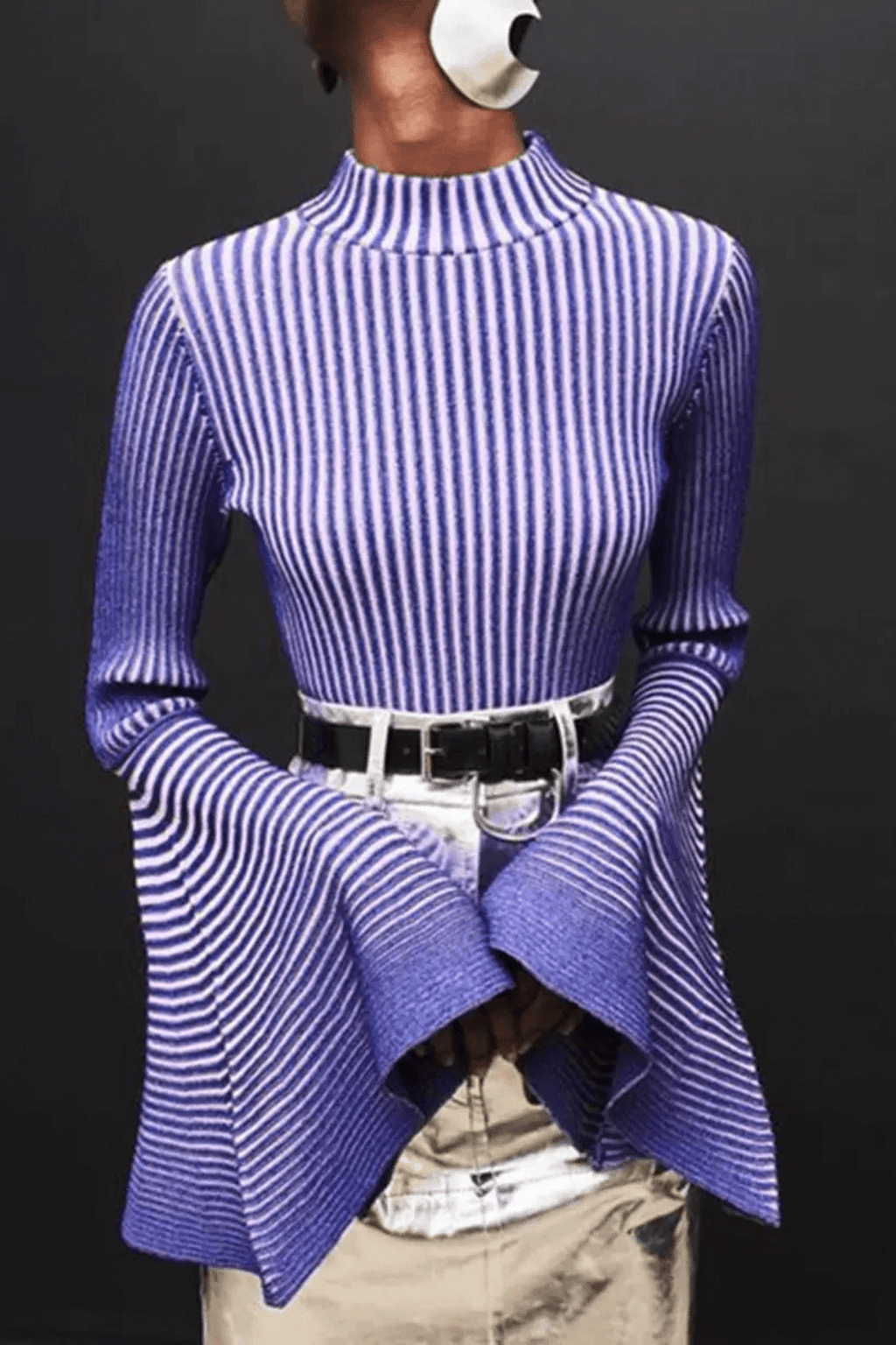 Aura Striped Mock Neck Flare Sleeve Knit Top Avalabel
