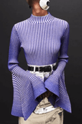 Aura Striped Mock Neck Flare Sleeve Knit Top Avalabel