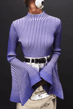 Aura Striped Mock Neck Flare Sleeve Knit Top Avalabel