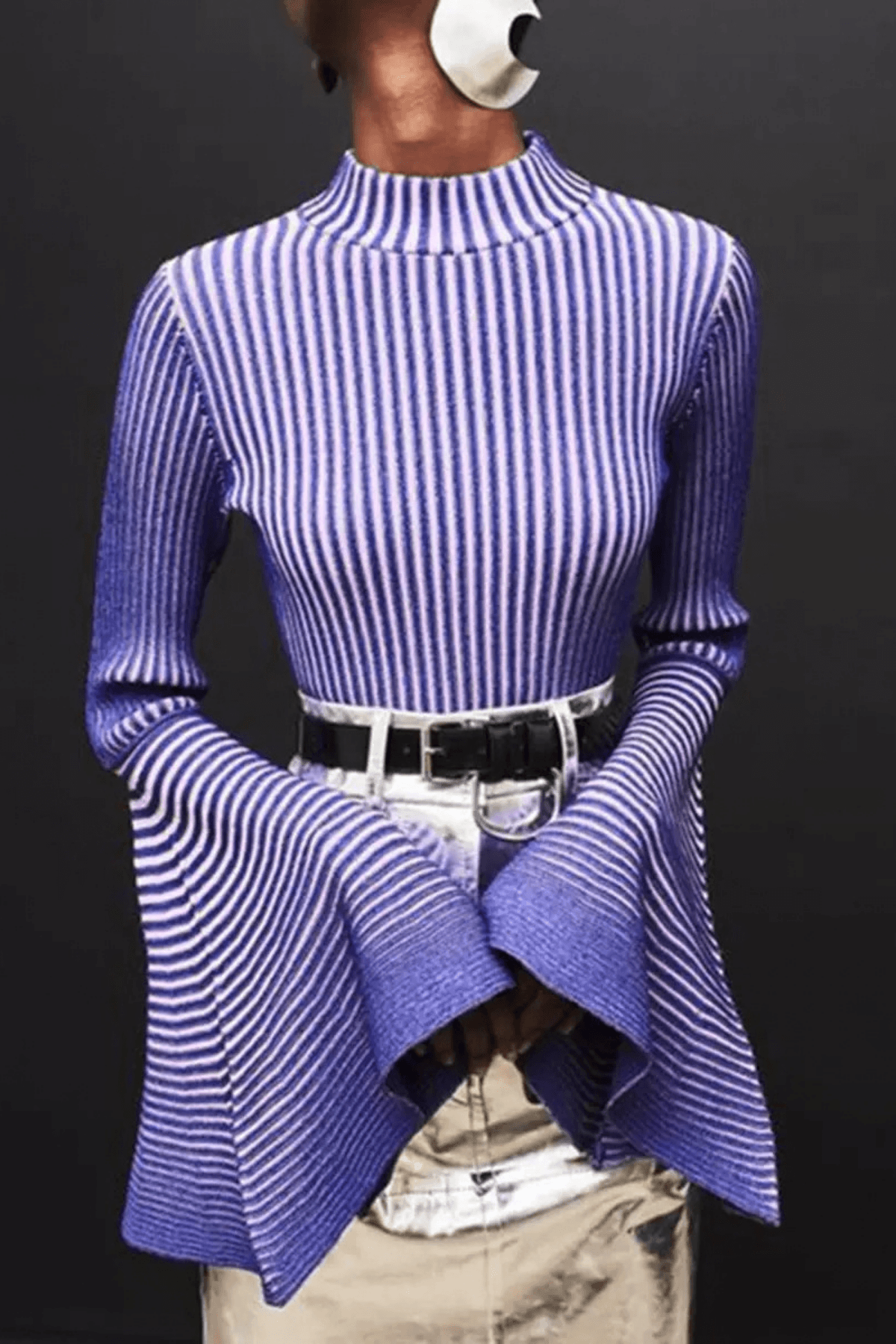 Aura Striped Mock Neck Flare Sleeve Knit Top Avalabel