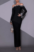 Sophia Black Off‑Shoulder Rhinestone Trim Dress Avalabel