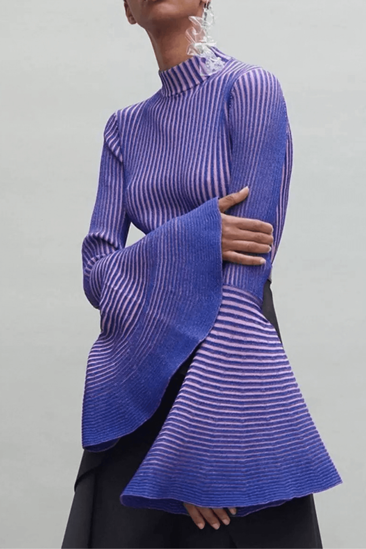 Aura Striped Mock Neck Flare Sleeve Knit Top Avalabel