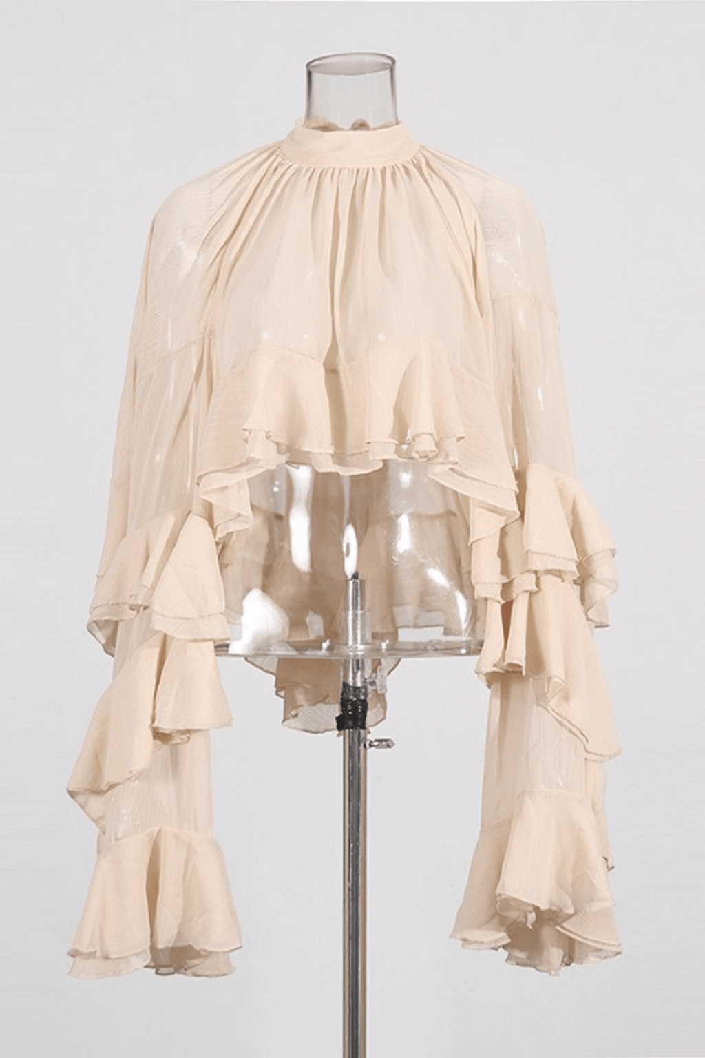 Beryl Pink High Neck Tiered Ruffle Crop Blouse Avalabel