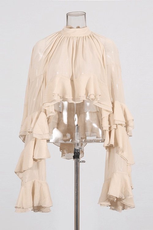 Beryl Pink High Neck Tiered Ruffle Crop Blouse Avalabel
