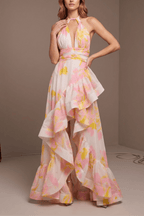 Claire Floral Halter Neck Ruffle Maxi Evening Dress Avalabel