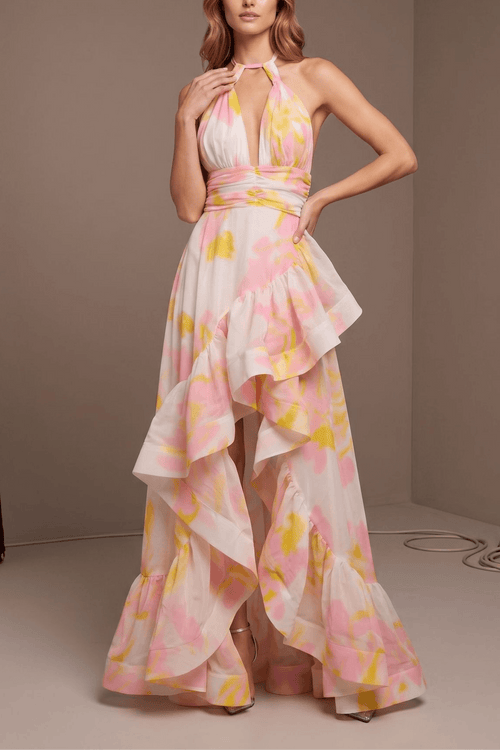 Claire Floral Halter Neck Ruffle Maxi Evening Dress Avalabel