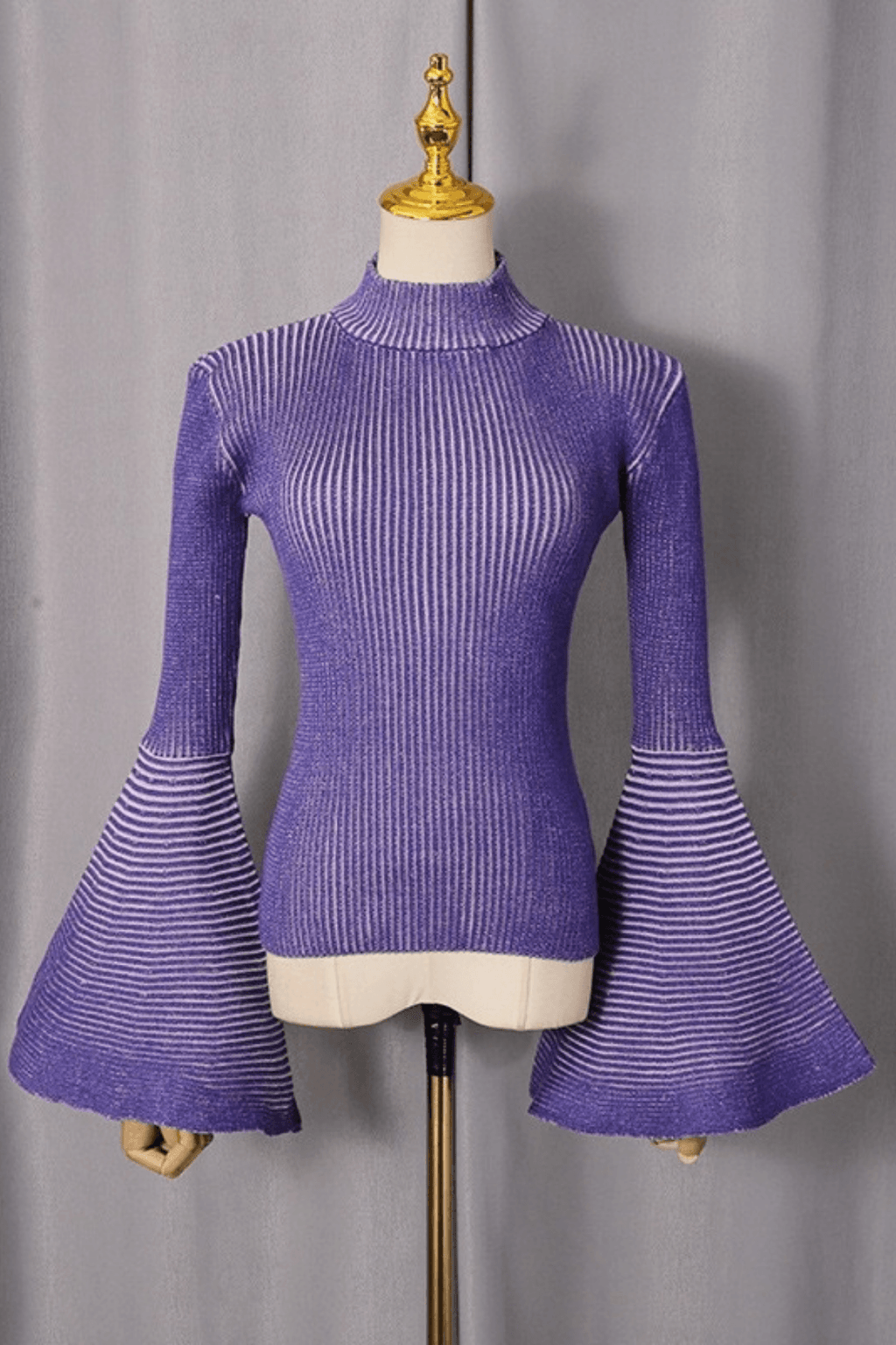 Aura Striped Mock Neck Flare Sleeve Knit Top Avalabel