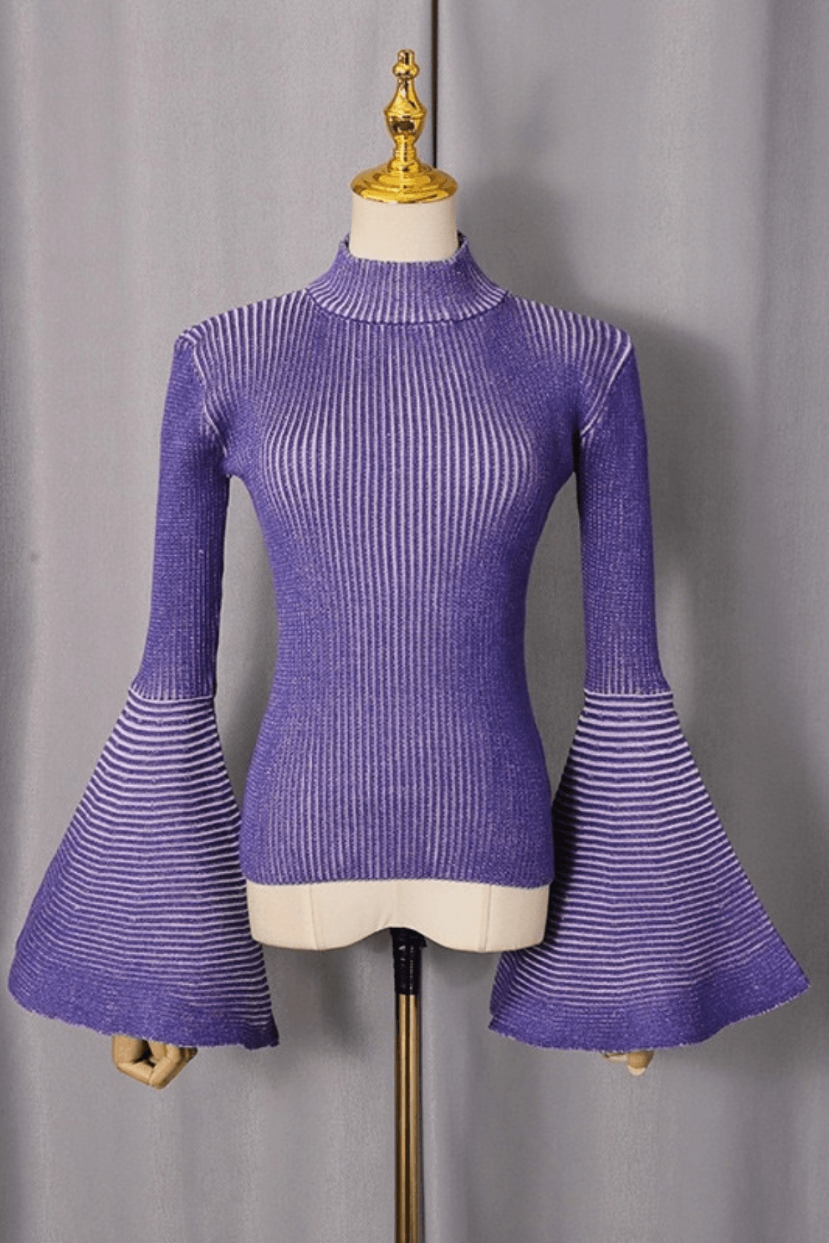 Aura Striped Mock Neck Flare Sleeve Knit Top Avalabel
