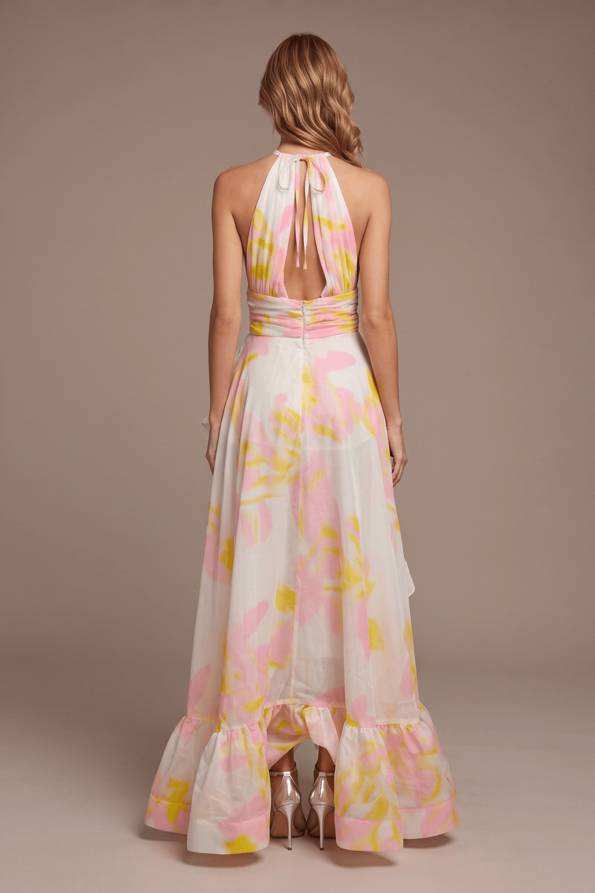 Claire Floral Halter Neck Ruffle Maxi Evening Dress Avalabel