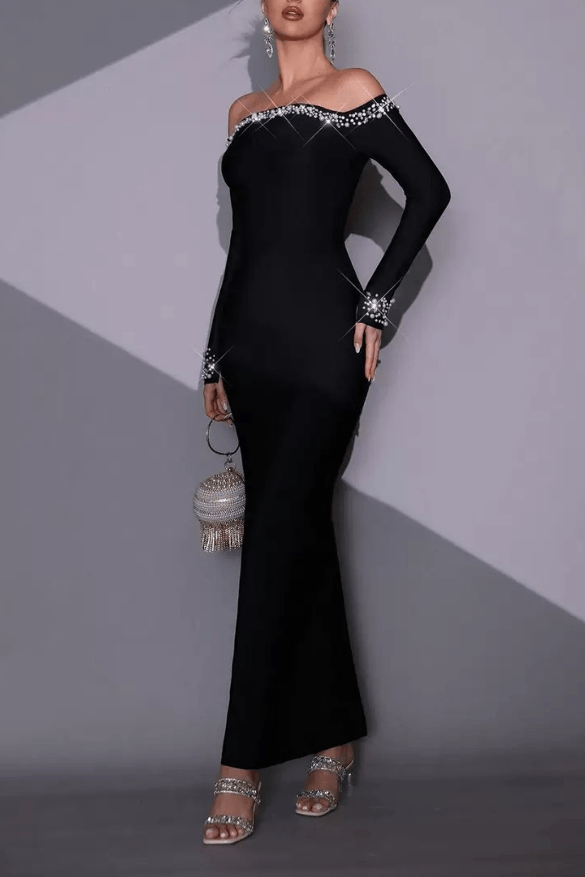 Sophia Black Off‑Shoulder Rhinestone Trim Dress Avalabel