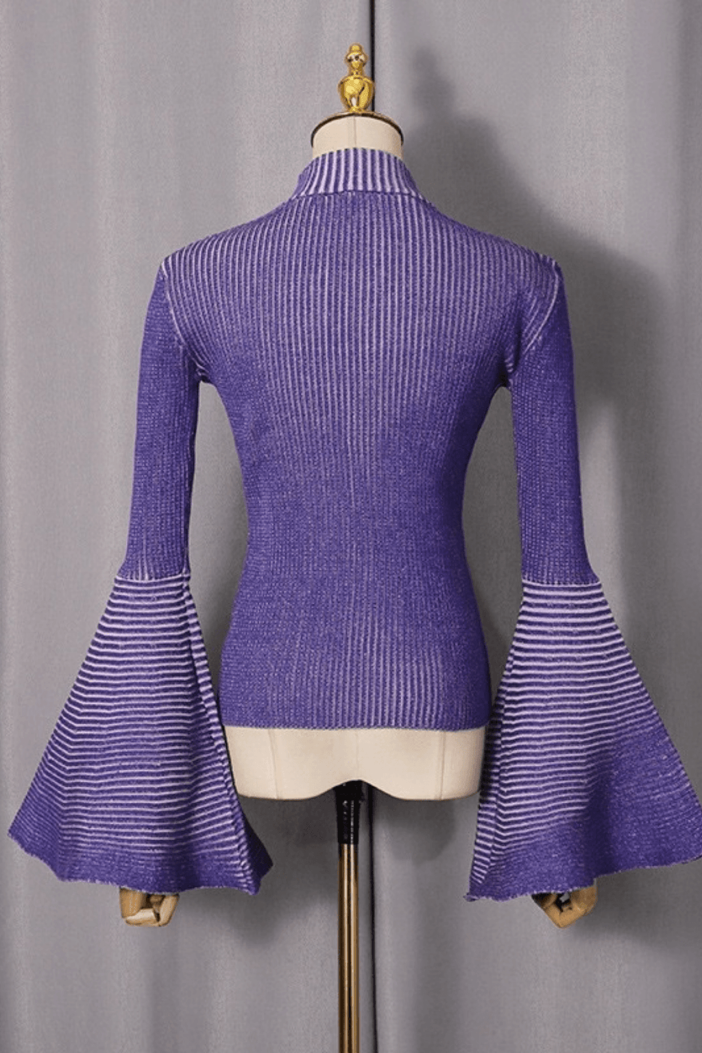 Aura Striped Mock Neck Flare Sleeve Knit Top Avalabel