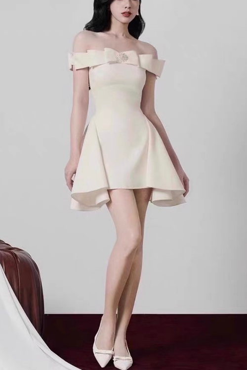 Belle Bow Crystal Off-Shoulder White Mini Dress Avalabel