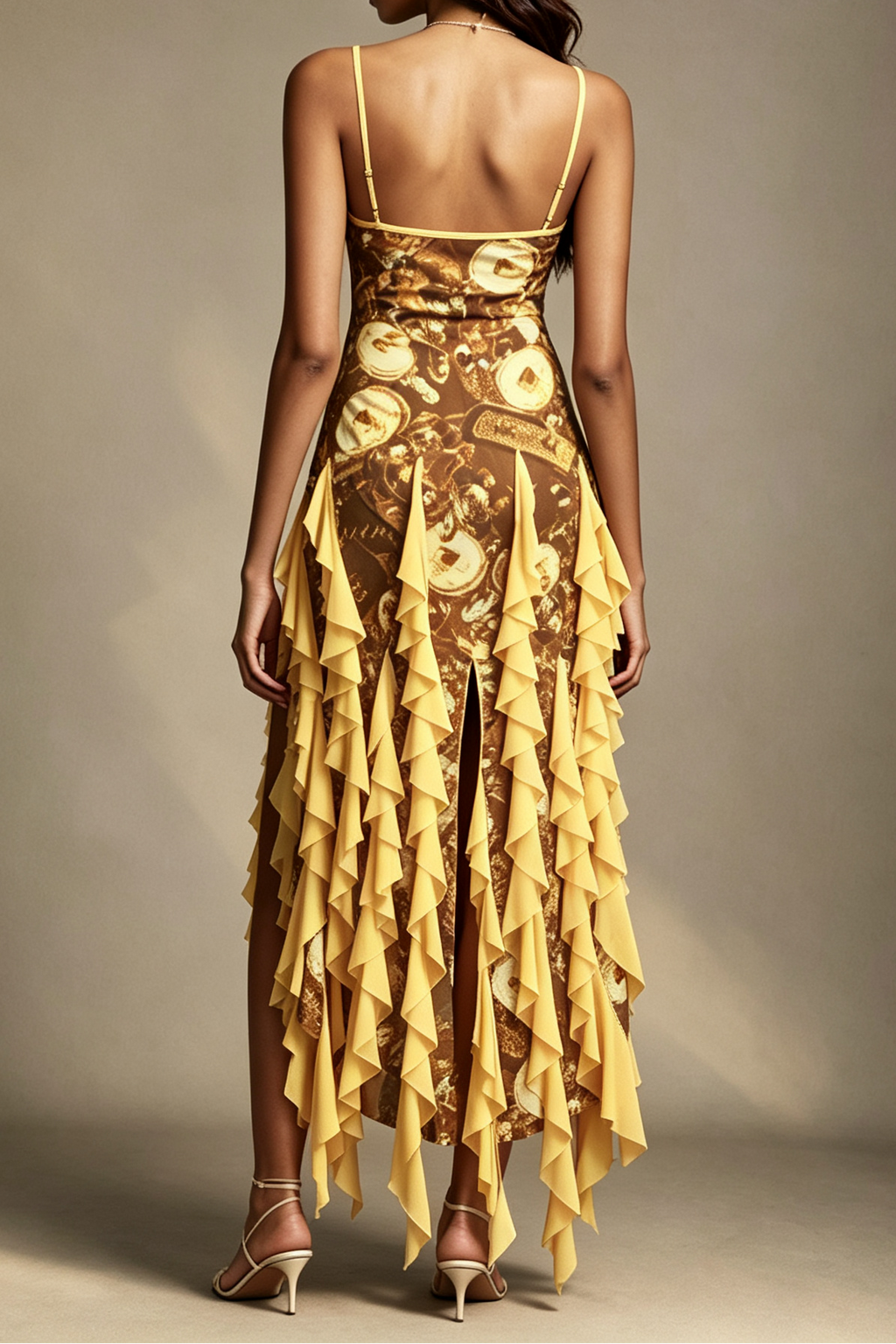 Golden Coin Vintage Print Halter V Neck Ruffle Trim High Side Slit Asymmetrical Chiffon Midi Dress - Avalabel