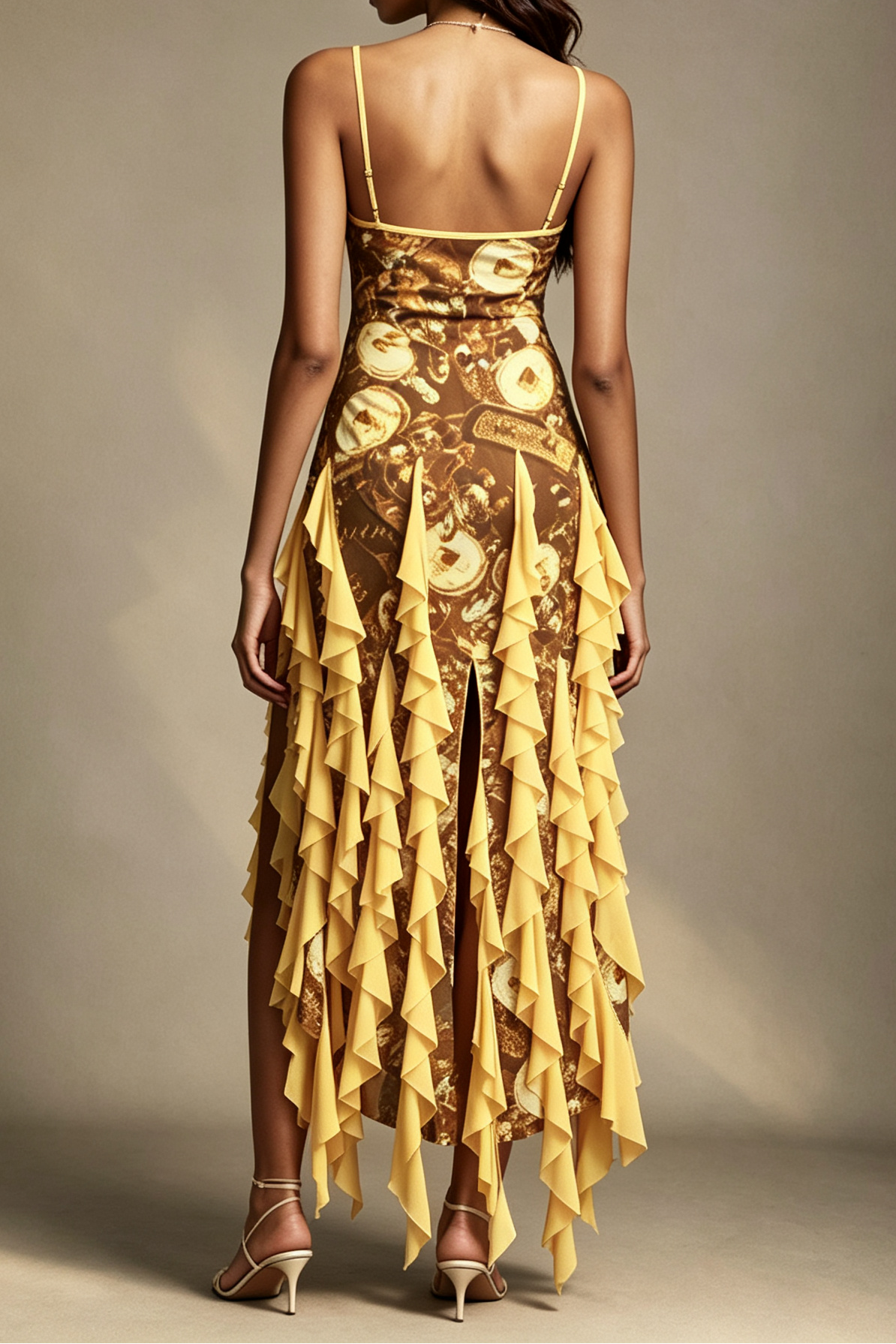 Golden Coin Vintage Print Halter V Neck Ruffle Trim High Side Slit Asymmetrical Chiffon Midi Dress - Avalabel