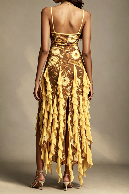 Golden Coin Vintage Print Halter V Neck Ruffle Trim High Side Slit Asymmetrical Chiffon Midi Dress