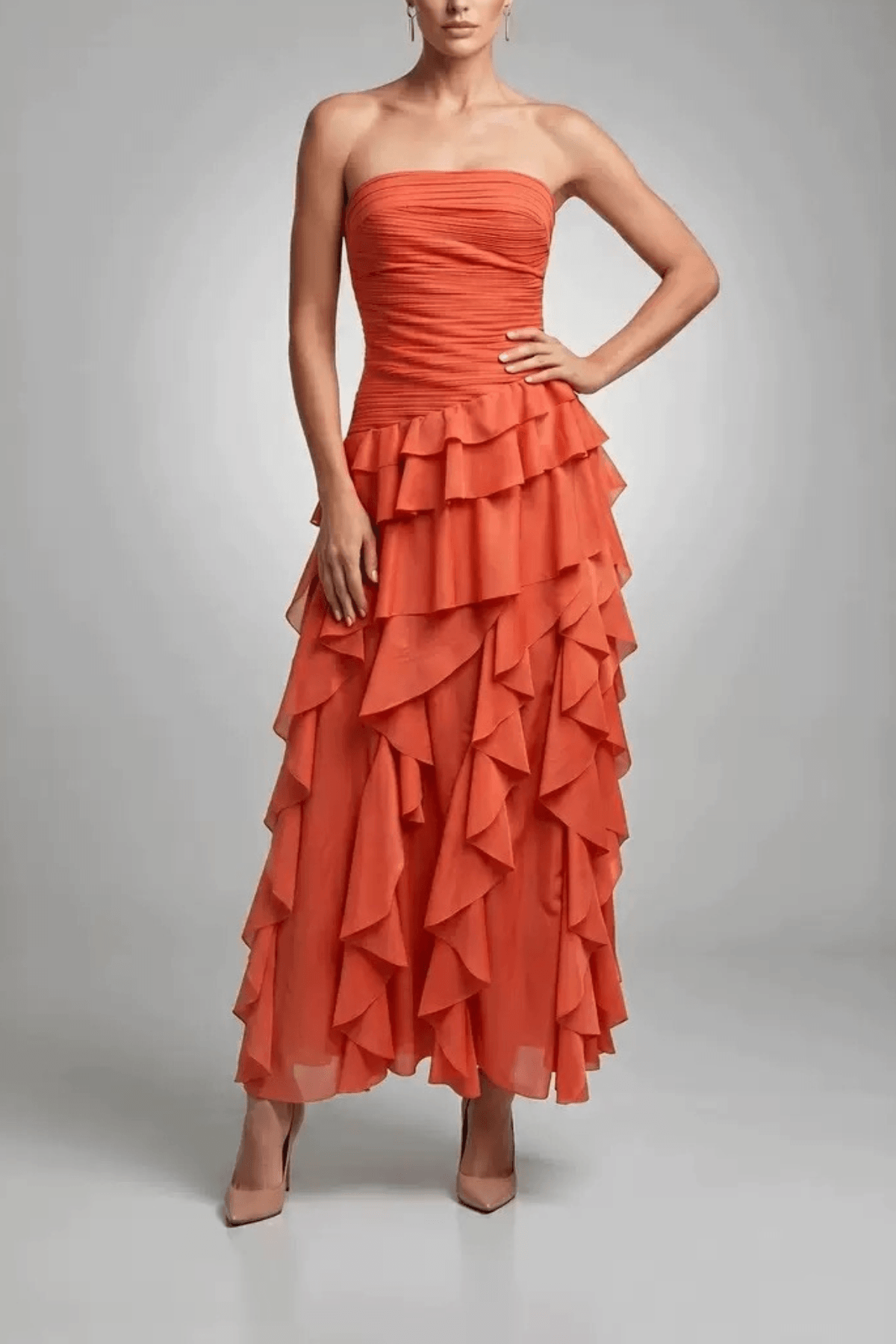 Elaine Strapless Ruched Tiered Ruffle Dress Avalabel