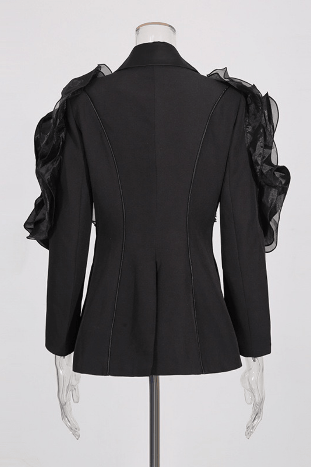 Amie Black Ruffled Satin Lapel Tailored Blazer Avalabel