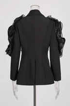 Amie Black Ruffled Satin Lapel Tailored Blazer Avalabel
