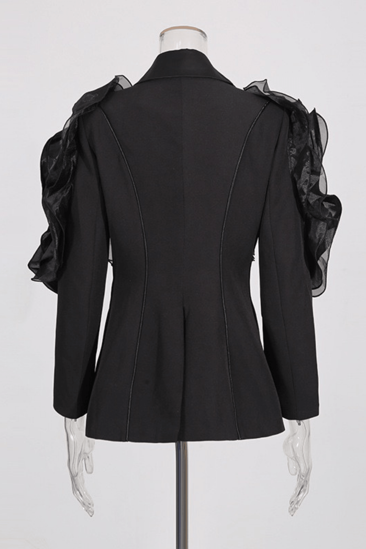 Amie Black Ruffled Satin Lapel Tailored Blazer Avalabel