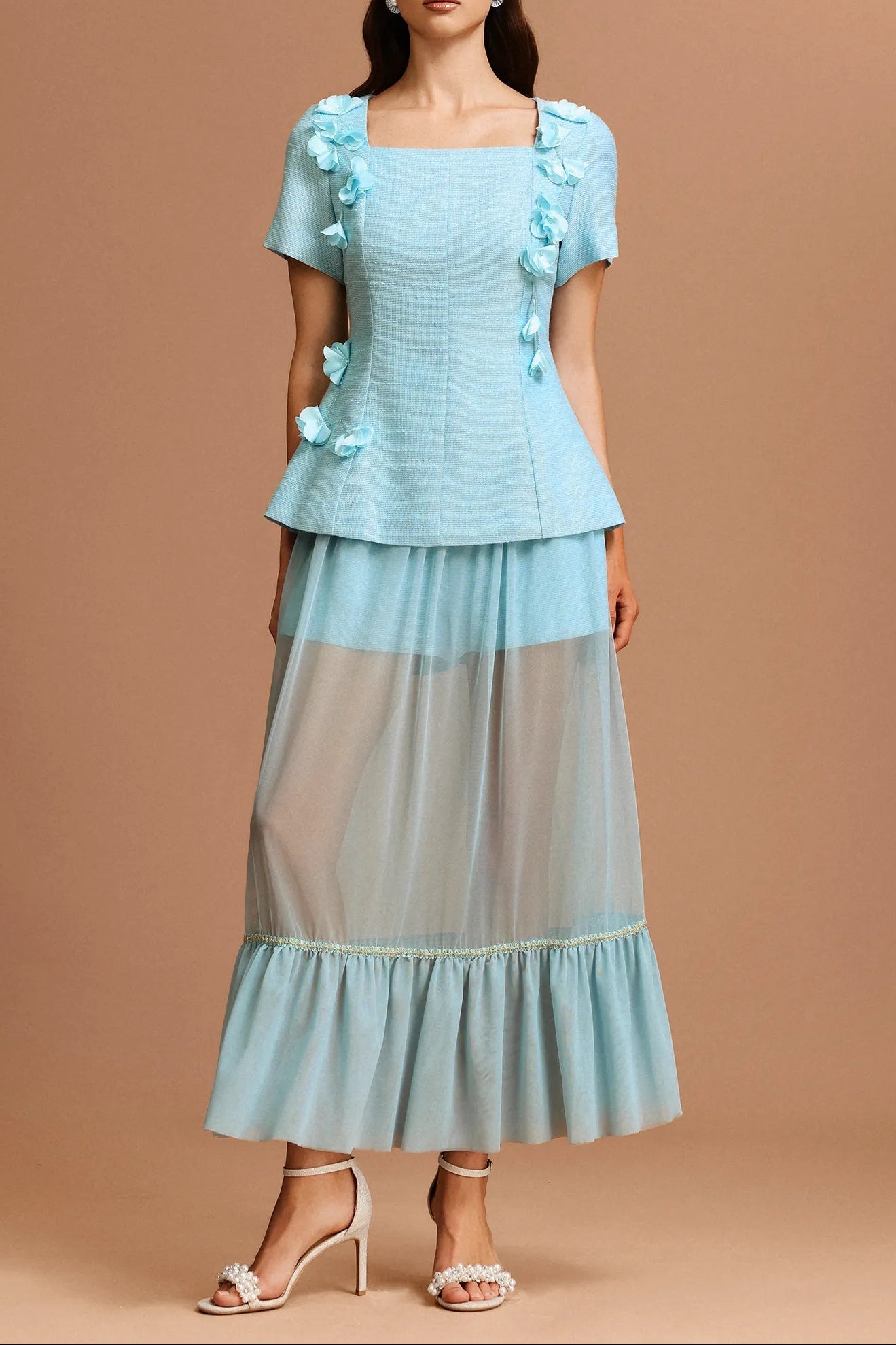ursula blue Short Sleeves Flowers Folds Top And Skirt Two-Piece Set Avalabel