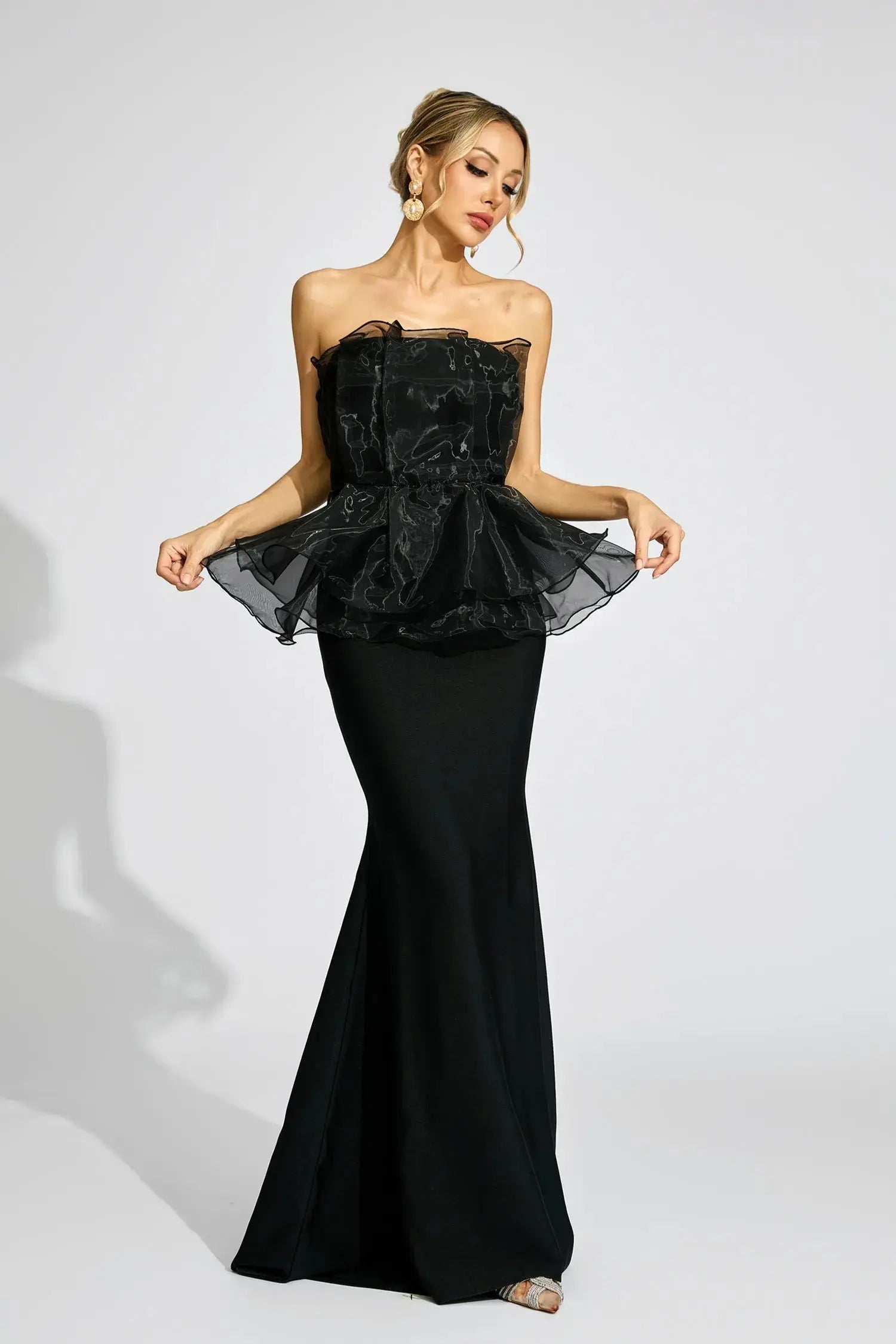 lorraine Black Peplum strapless maxi Dress Avalabel