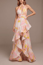 Claire Floral Halter Neck Ruffle Maxi Evening Dress Avalabel