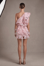 Linda Pink Floral One Shoulder Ruffle Mini Dress Avalabel