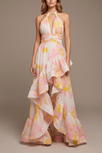 Claire Floral Halter Neck Ruffle Maxi Evening Dress Avalabel