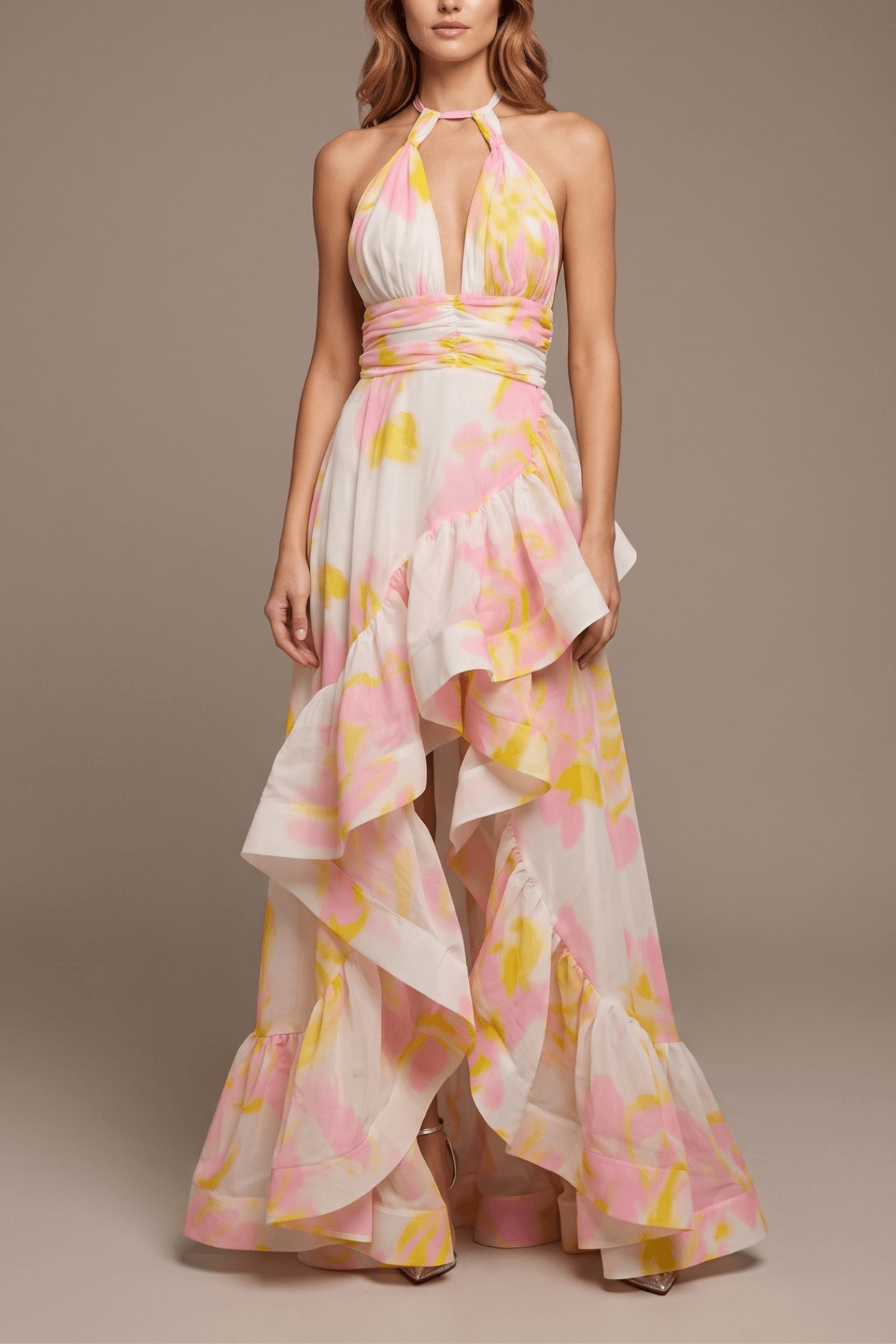 Claire Floral Halter Neck Ruffle Maxi Evening Dress Avalabel