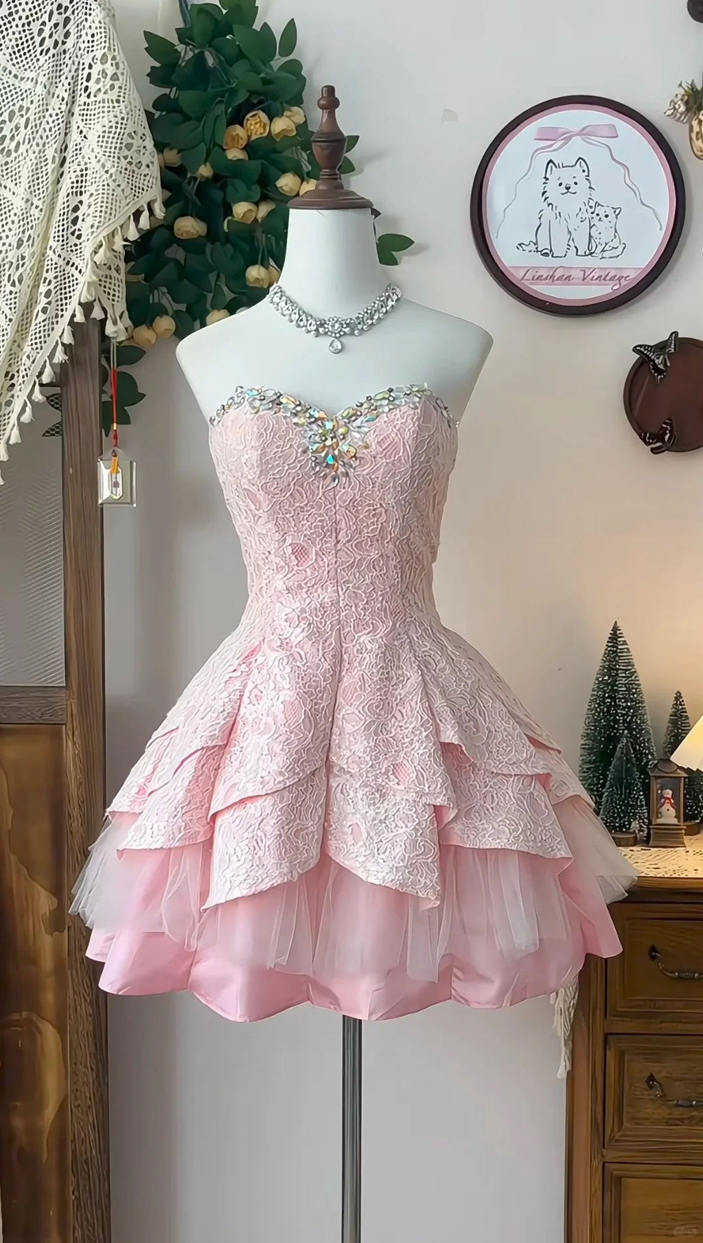 Pink Strapless Mini Tiered Dress Avalabel