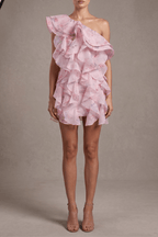 Linda Pink Floral One Shoulder Ruffle Mini Dress Avalabel
