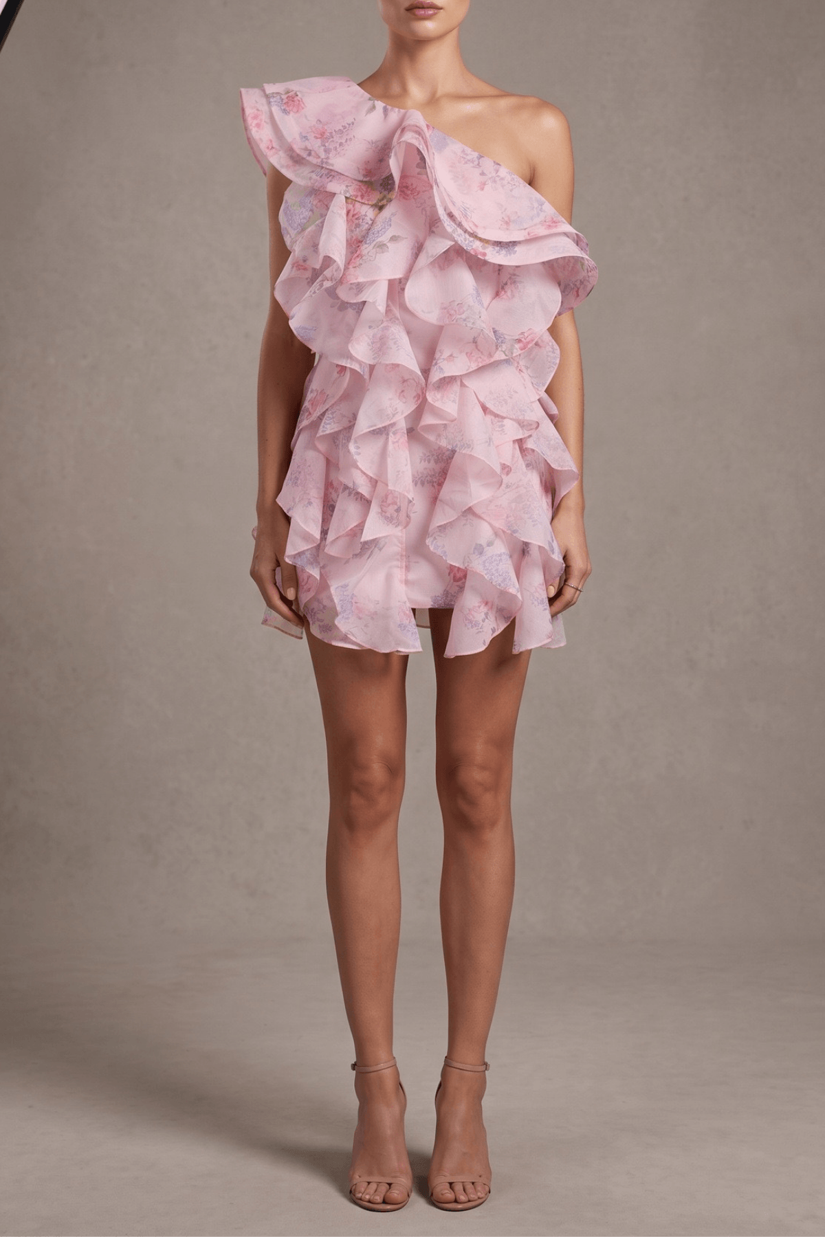 Linda Pink Floral One Shoulder Ruffle Mini Dress Avalabel