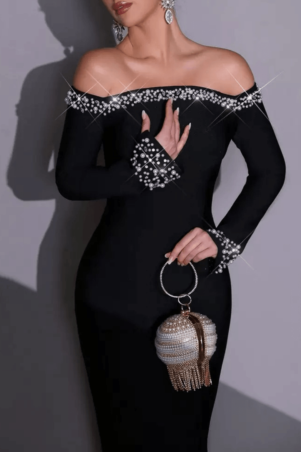 Sophia Black Off‑Shoulder Rhinestone Trim Dress Avalabel