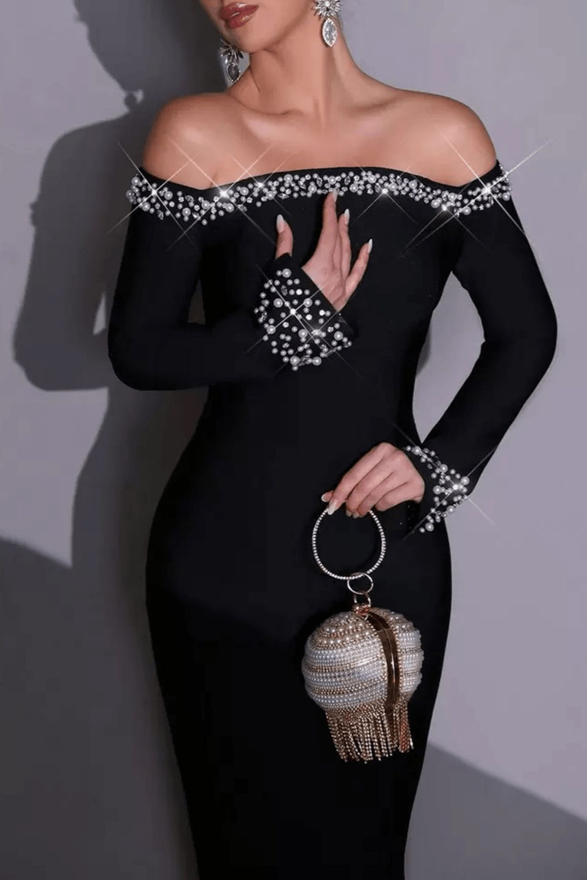 Sophia Black Off‑Shoulder Rhinestone Trim Dress Avalabel