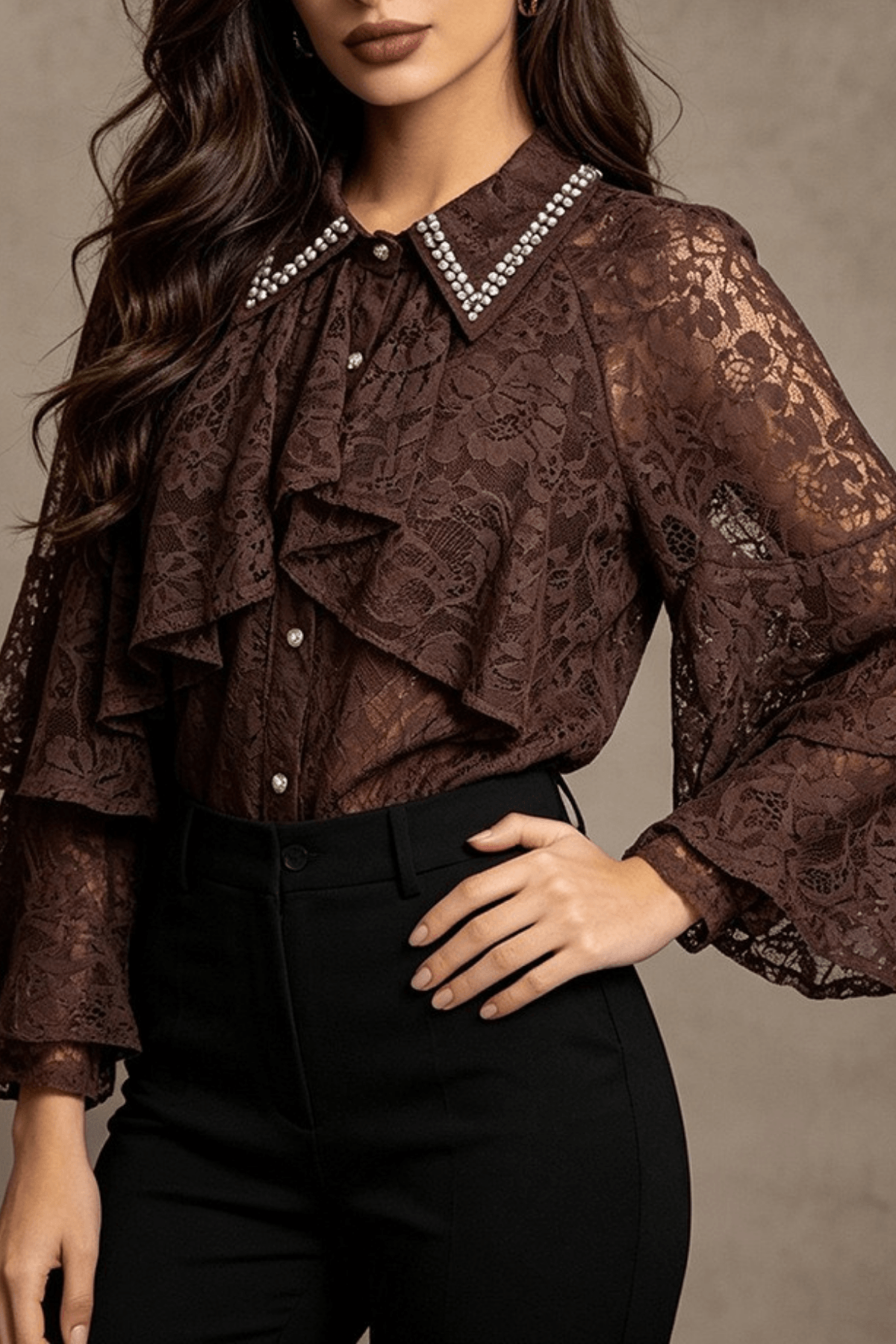 Celia Rhinestone Collar Ruffled Tiered Bell Sleeve Blouse Avalabel