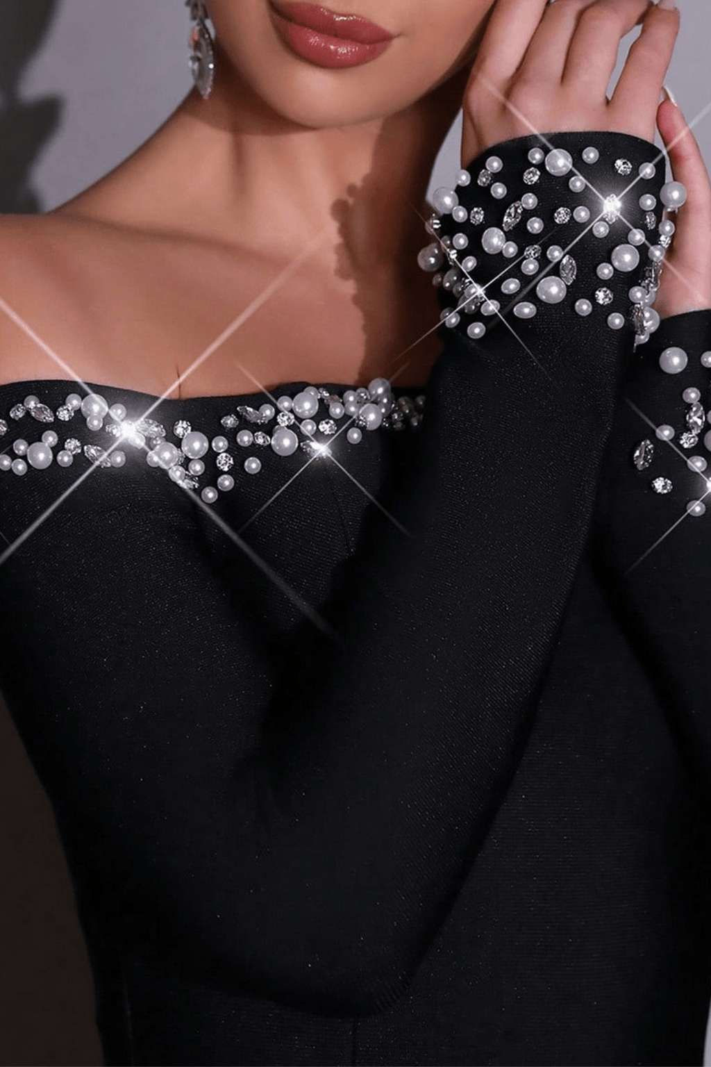 Sophia Black Off‑Shoulder Rhinestone Trim Dress Avalabel