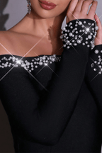 Sophia Black Off‑Shoulder Rhinestone Trim Dress Avalabel
