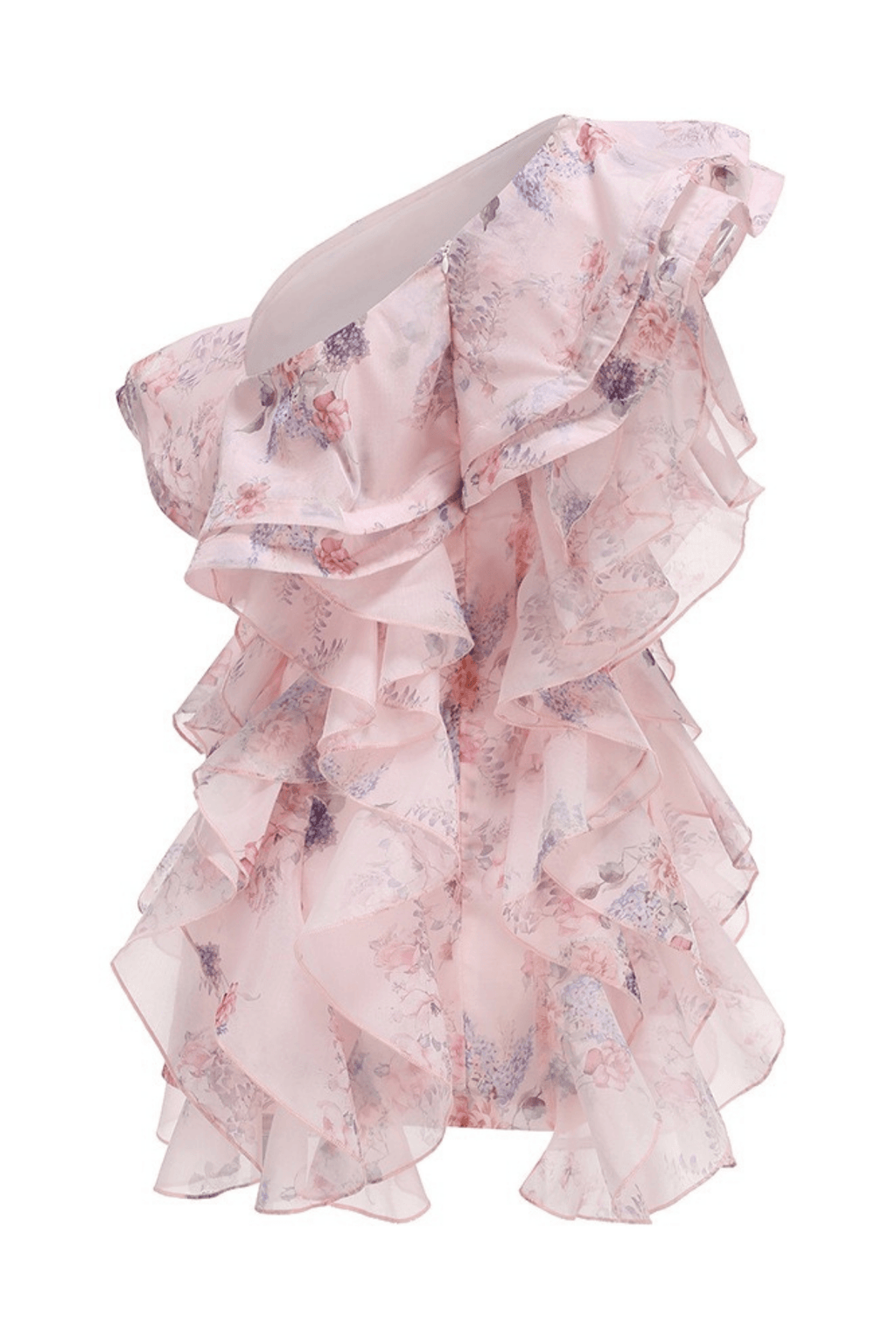 Linda Pink Floral One Shoulder Ruffle Mini Dress Avalabel